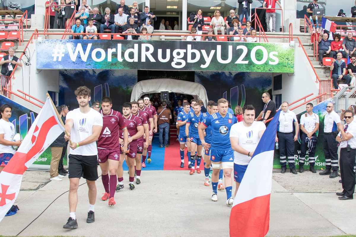 France and Georgia walk out ahead of their match. Photo: Bernard Rivière / World Rugby.